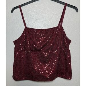 Burgundy Sequin Square Neck Spaghetti Strap Camisole Sleeveless Top Women's L
